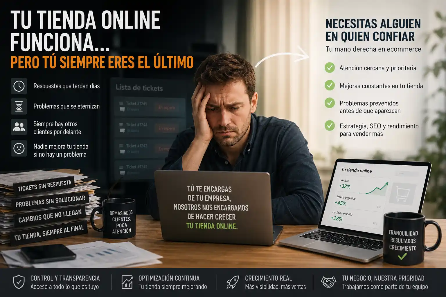 Hombre preocupado trabajando en tienda online