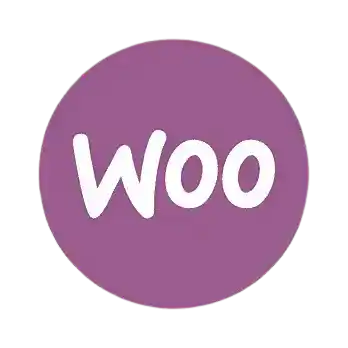 Logotipo circular morado con texto Woo