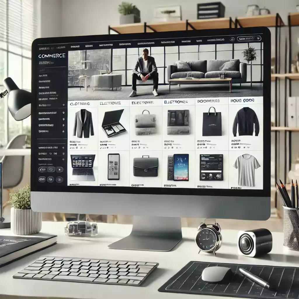 Ordenador mostrando tienda online en escritorio moderno