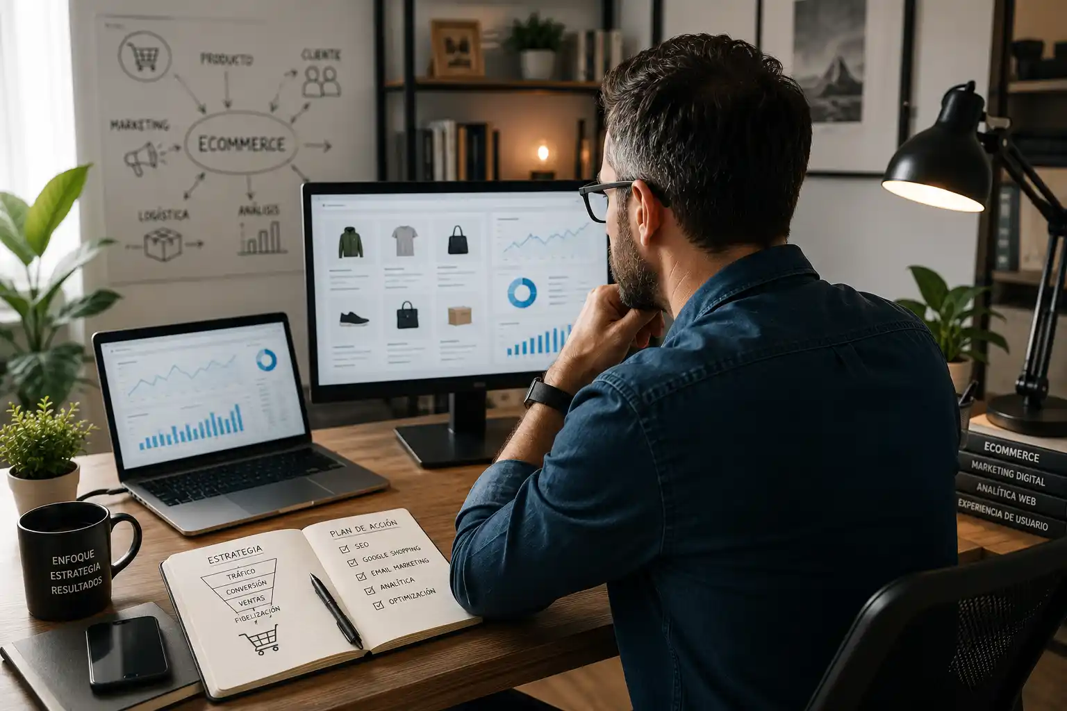 Hombre analizando métricas de ecommerce en oficina