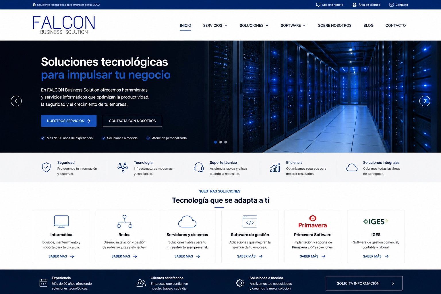 Página web de empresa tecnológica con centro de datos