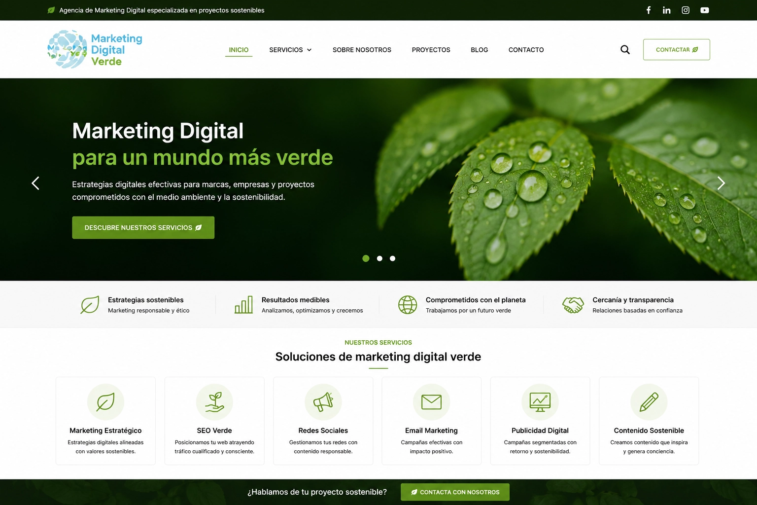 Web de marketing digital sostenible con hojas verdes