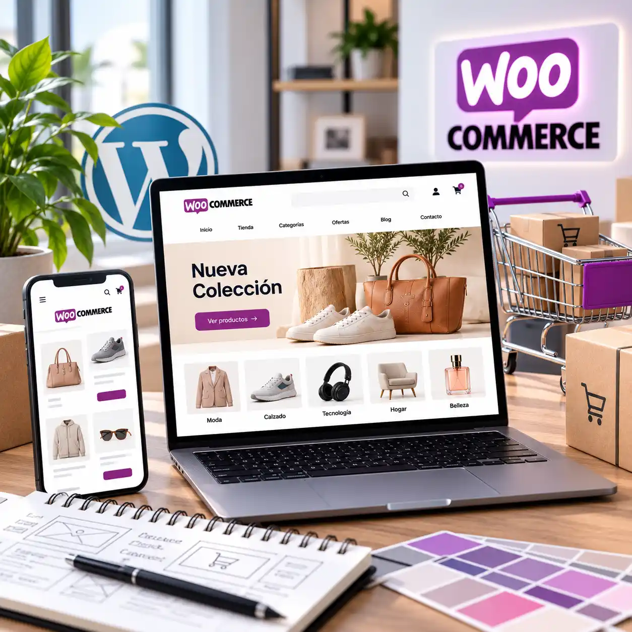 Tienda WooCommerce en portátil y móvil junto a carrito