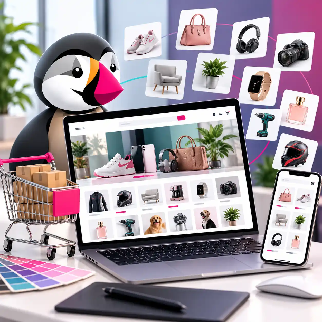 Tucán junto a tienda online en portátil y móvil