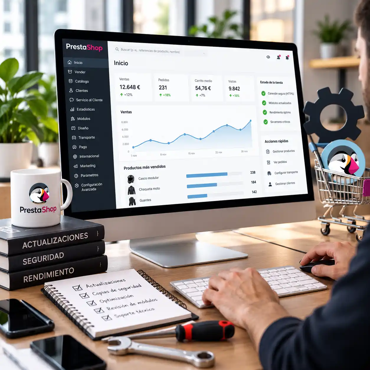 mantenimiento e commerce con prestashop Panel de PrestaShop con métricas de tienda online