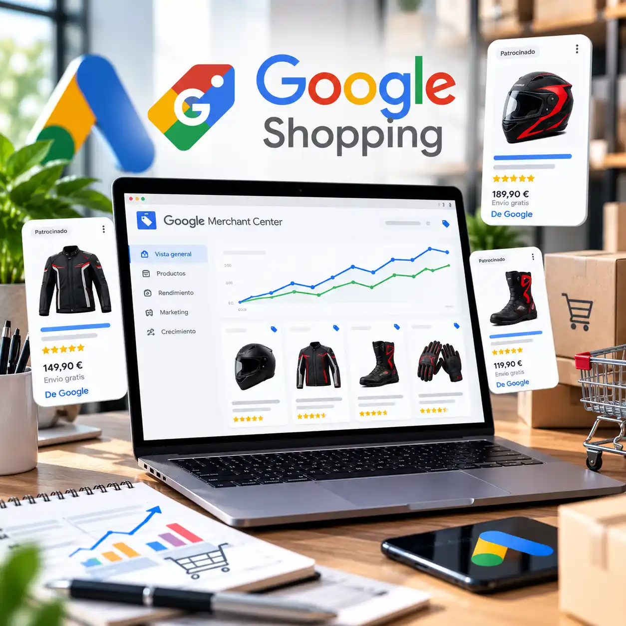 panel de google shopping en la oficina Panel de Google Shopping con productos de motociclismo